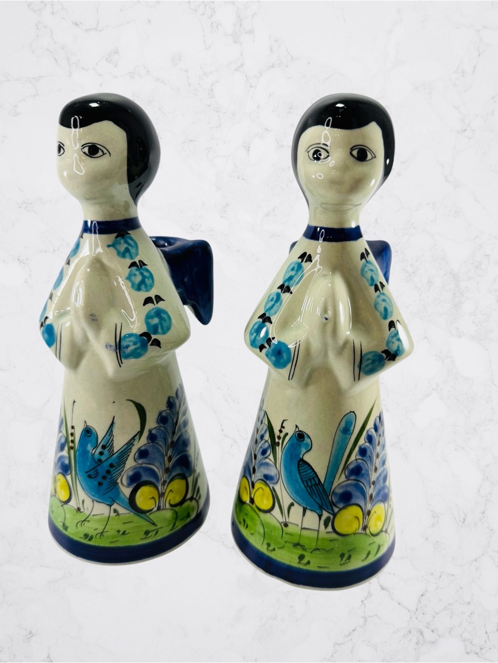 Tonala CAT Mexican Folk Art Pottery Angel Wings Candle Holders Floral Blue Bird